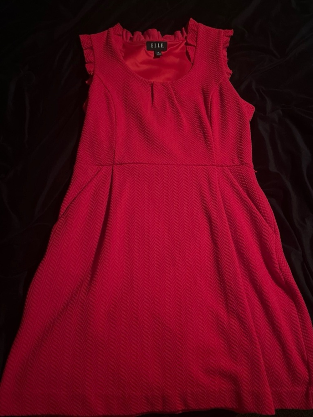 ELLE Bright Red Textured Sleeveless Dress with Ruffled Shoulders